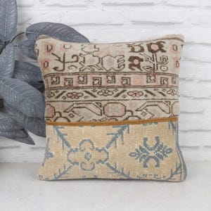 Vintage Turkish Kilim Pillow, 16x16 Brown Patchwork Carpet Pillow