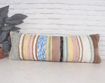 Vintage Pillow, Turkish Kilim Pillow, 12x36 Handmade Kilim Cushion, Boho Pillow, Pink Pillow, Boho Rectangular  Pillow,