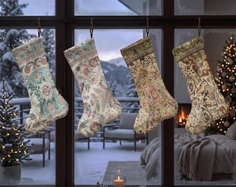 Ornamental Xmas Stocking, Vintage Rug Inspired Christmas Sock, Intricate Floral Holiday Stocking, Classic Christmas Mantel Decor