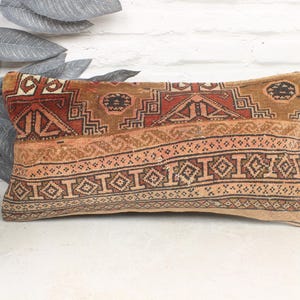 May include: Rectangular pillow with a detailed, geometric pattern in shades of brown, red, and beige. The pillow has a textured appearance, suggesting a woven or embroidered design. The pillow is placed on a white surface.