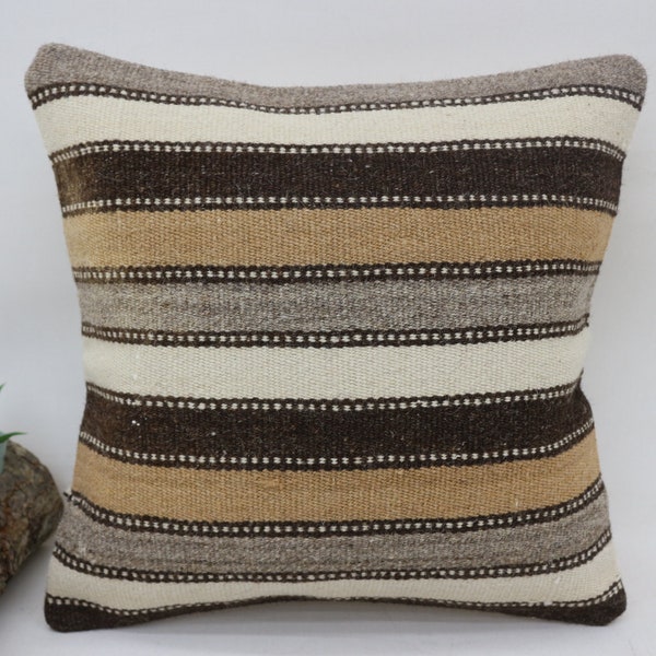Throw Pillow Covers, Antique Pillows, Personalized Gift, 12x12 Brown Cushion, Striped Pillow Case, Kilim Rug Pillow, Ottoman Cushion, 1802
