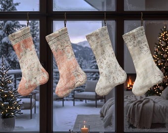 Soft Vintage Christmas Stocking, Faded Floral Xmas Sock, Antique Rug Inspired Holiday Stocking, Neutral Christmas Mantel Decor