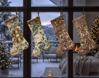 Botanical Christmas Stocking, Vintage Rug Inspired Xmas Sock, Ornamental Holiday Stocking, Antique Style Christmas Mantel Decor