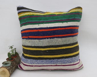 Kilim Pillow Covers, Throw Pillow Covers, Kilim Pillows, 20x20 Green Cushion, Striped Pillow Covers, Boho Throw Cushion Case, 5366