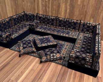 Navy Blue Majlis Floor Seating, Dark Moroccan Corner Sofa Set, Orange Medallion Pattern Cushion, Traditional Turkish Floor Sofa