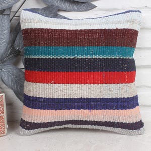 Ethnical Kilim Rug Pillow, Pillow for Couch, 12x12 Vintage Kilim Throw Pillow, Throw Kilim Pillow, Blue Cushion, Bohemian Stripe Pillow,