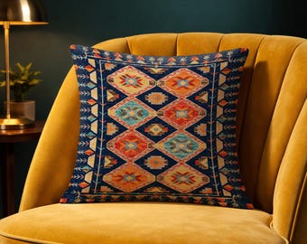 Colorful Tribal Pillow Cover 18x18, Handwoven Kilim Pillow, Vintage Sofa Cushion, Warm Accent Pillow Gift