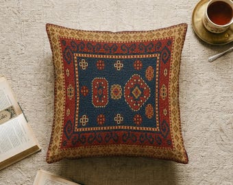 Rustic Ottoman Cushion Cover, Navy Red Oriental Pillow Case, Vintage Sofa Cushion, Farmhouse Couch Decor Pillow
