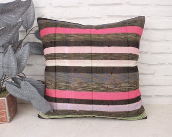 Almohadas antiguas, almohada Kilim vintage, almohada Kilim étnica de 18x18, almohada turca, funda de almohada rosa, almohada de rayas coloridas,