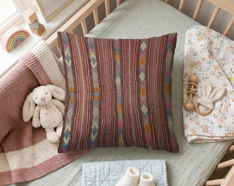 Striped Boho Pillow Cover, 18x18 Vintage Textile Cushion, Colorful Nursery Room Decor, Rustic Home Decor Pillow, Antique Rug Pillow Cover