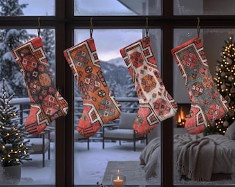 Diamond Pattern Christmas Stocking, Kilim Inspired Xmas Sock, Bold Geometric Holiday Stocking, Rustic Christmas Mantel Decor
