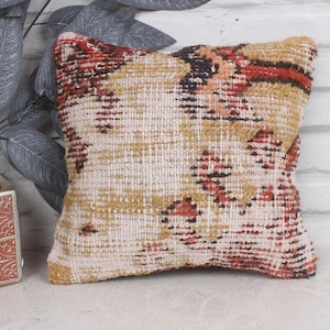 Vintage Kilim Throw Pillow, Pillow for Sofa, 12x12 Kilim Cushion Sham, Ethnical Kilim Rug Pillow, Yellow Pillow Cover, Textured Pillow,