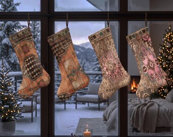 Patchwork Christmas Stocking, Vintage Rug Inspired Xmas Sock, Ornamental Geometric Holiday Stocking, Eclectic Mantel Decor