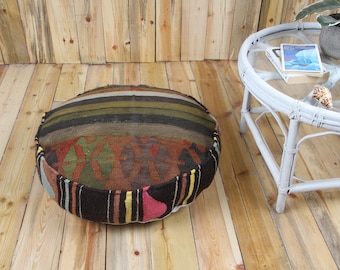 Puf Kilim de rayas terrosas de 61 x 61 x 15 cm, cojín de suelo redondo geométrico marrón oliva, decoración otomana bohemia vintage