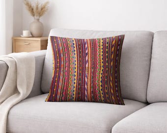 Colorful Kilim Pillow Cover, 18x18 Boho Throw Pillow, Vintage Stripe Cushion, Woven Sofa Pillow Decor, Turkish Kilim Rug Pillow,