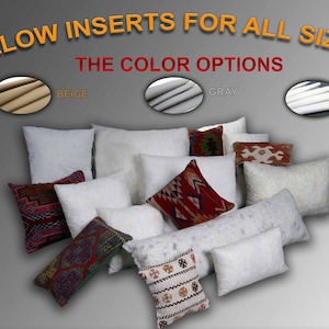 May include: Image of various pillow inserts in white, beige, and gray. The image includes several decorative pillows with patterned covers. Text at the top reads "PILLOW INSERTS FOR ALL SIZES" and "THE COLOR OPTIONS".