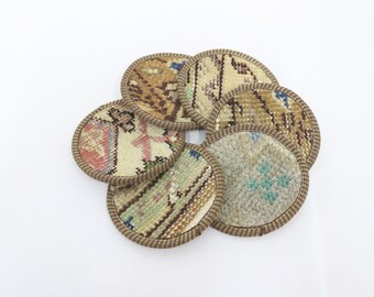 Vintage Kilim Rug Coaster, Turkish Anatolian Decor, 5" x 5"
