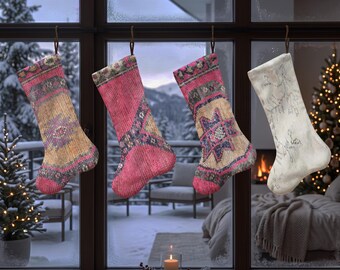 Pink Folk Art Christmas Stocking, Star Pattern Xmas Sock, Vintage Rug Inspired Holiday Stocking, Eclectic Christmas Mantel Decor