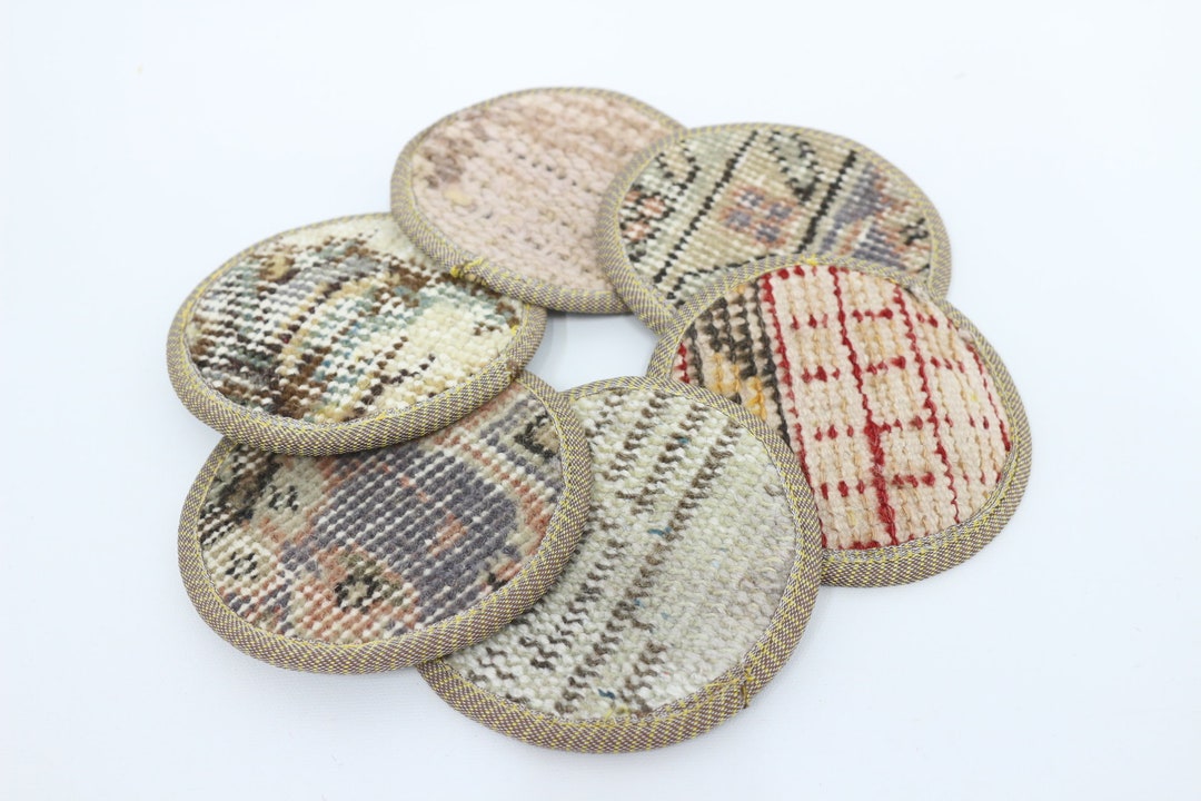 Round Rug Coasters Set of Six Vintage Kilim Coasters, Turkish Rug Coasters, Tribal Decor ...