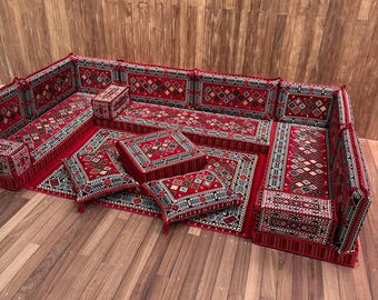 Classic Red Anatolian Majlis Seating, Bohemian Floor Seating, Ornamental Pattern Seating,  Warm Tone Boho Sofa, Reading Corner Floor Sofa