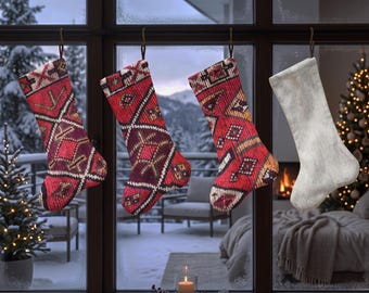 Kilim Pattern Xmas Stocking, Red Geometric Christmas Sock, Vintage Rug Inspired Holiday Stocking, Folk Art Mantel Decor