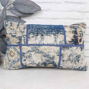 Turkish Pillow, Ethnical Kilim Rug Pillow, 12x20 Interior Designer Pillow, Vintage Pillow, Blue Cushion Case, Rectangular Pillow,