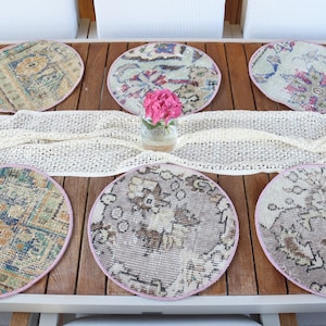 Rug Supla, Kitchen Decor, Dining Accessory, Beige Placemat, Rug Coaster, Circle Placemat, Turkish Rug Pad, Vintage Supla,