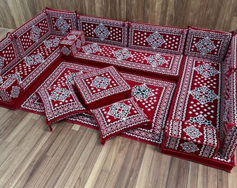Ruby Red Floral Majlis Sofa Set, Ethnic Kilim Rug Pattern Sofa, Low Corner Couch and Ottoman Pouf, Handmade Kilim Floor Cushion