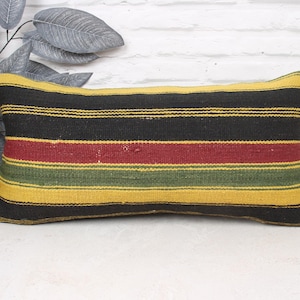 Pillow for Sofa, Kilim Pillow, 12x24 Vintage Kilim Pillow, Boho Pillow Sham Cover, Yellow Pillow Cover, Striped Lumbar  Pillow,