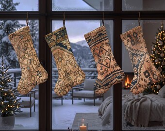 Ornate Rug Pattern Xmas Stocking, Geometric Christmas Sock, Vintage Inspired Holiday Stocking, Earth Tone Mantel Decor