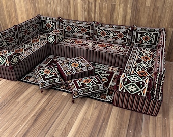 Burgundy Traditional Majlis Seating, Geometric Pattern Floor Cushions, Modular Floor Sofa Seating, Ottoman and Kilim Rug, Floor Couch Set