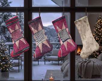 Patchwork Xmas Stocking, Bold Geometric Christmas Sock, Vintage Rug Inspired Holiday Stocking, Eclectic Mantel Decor