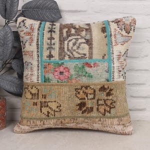 Vintage Kilim Pillow Cover, Patchwork Turkish Rug, 16x16, Brown Cushion