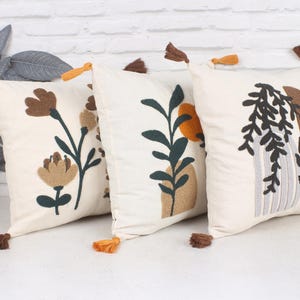 Brown Floral Embroidered Pillow Cover – 16x16, Rustic Earthy Cushion with Tassels, Embroidered Plant Pillow Cover, Decorative Throw Pillow,