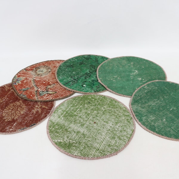 Set of 6 Vintage Kilim Rug Coasters, Turkish Coffee Cup Pads