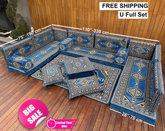 Blue Anatolian Sofa, Turkish Kilim Pillow, Moroccan Style Couch, Oriental Floor Sofa Set, Lounge Sofa, Turkish Sofa Set, Kilim Pouf