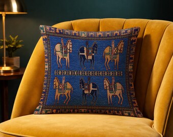 Oriental Rug Pillow, Royal Blue Kilim Cushion Cover, Vintage Anatolian Rug Throw Pillow, Ethnic Bohemian Sofa Decor,
