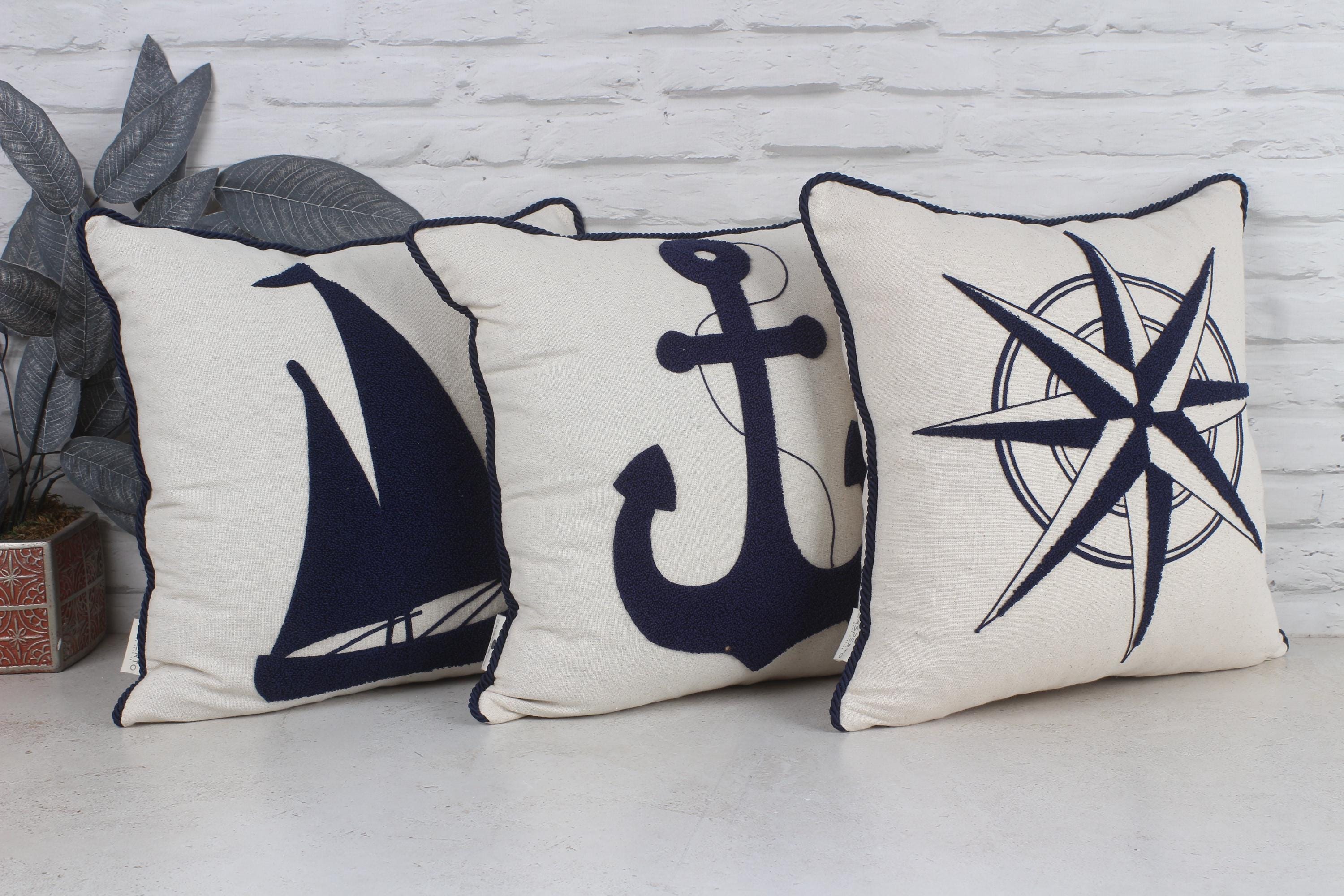 クッションカバー Cushion Cover navy line Embroidered Nautical Pillow Cover, Navy Blue Ship Wheel Cushion - Etsy