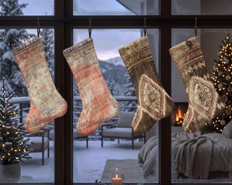 Medallion Christmas Stocking, Vintage Rug Inspired Xmas Sock, Faded Floral Holiday Stocking, Ornamental Mantel Christmas Decor