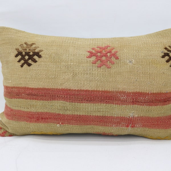 Designer Pillows, Turkish Pillow, Throw Pillow, 12x20 Beige Cushion Case, Patterned Cushion, Moroccan Kilim Cushion, Retro Cushion, 4374