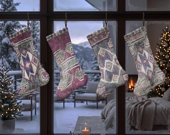 Geometric Christmas Stocking, Vintage Rug Style Xmas Stocking, Muted Pattern Holiday Sock, Rustic Christmas Mantel Decor