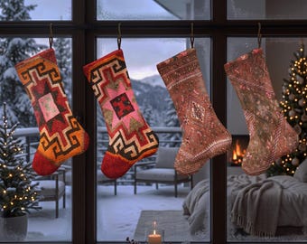 Kilim Inspired Christmas Stocking, Bold Geometric Xmas Sock, Vintage Rug Pattern Holiday Stocking, Eclectic Mantel Decor