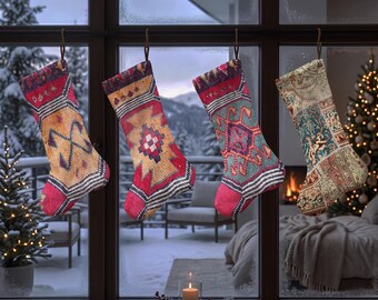 Folk Art Christmas Stocking, Bold Geometric Xmas Sock, Vintage Rug Inspired Holiday Stocking, Eclectic Mantel Christmas Decor