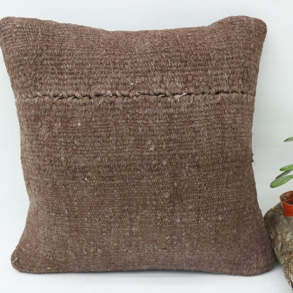 Personalized Gift, Turkish Kilim Pillow, Home Decor Pillow, 12x12 Brown Pillow Case, Hemp Cushion Case, Wool Cushion, Handwoven Cushion,  11