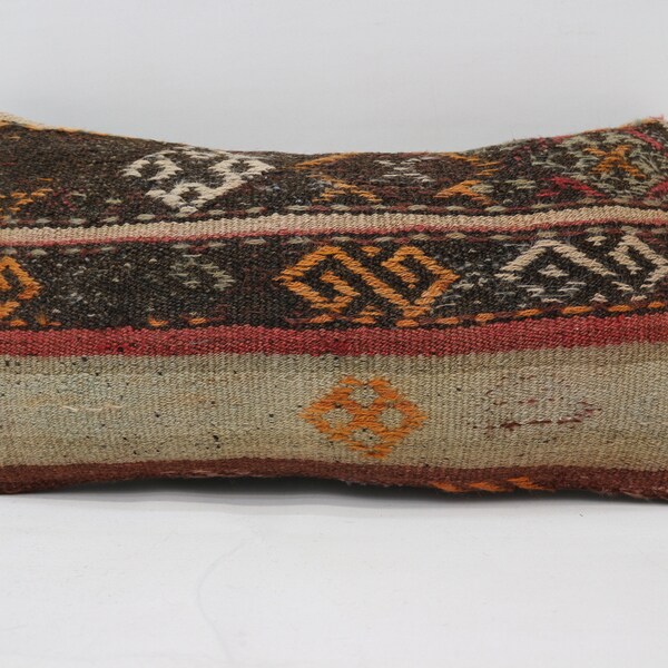 Oreiller Kilim Turc, Oreillers Anciens, Coussin Jetable, Oreiller Marron 12x24, Housse de Coussin À Modelages, Taie d’Oreiller Ottomane, Coussin Antique, 3757