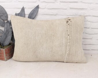 May include: A rectangular, beige-colored pillow with a textured fabric. The pillow has a stitched detail along one side. The pillow is placed on a white surface, with a decorative plant in the background.