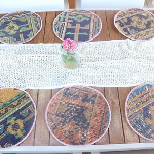 Table, Kitchen Decor, Kilim Supla, Blue Coaster, Rug Placemat, Gift Coaster, Tribal Supla, Wholesale Placemat, Circle Coaster,