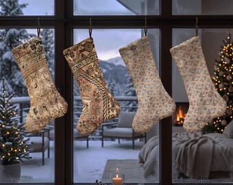 Diamond Pattern Christmas Stocking, Geometric Xmas Sock, Vintage Rug Inspired Holiday Stocking, Ornamental Christmas Decor
