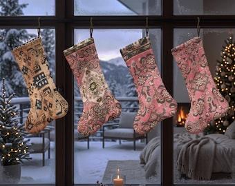 Paisley Xmas Stocking, Pink Ornamental Christmas Sock, Vintage Rug Inspired Holiday Stocking, Eclectic Christmas Mantel Decor