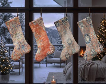 Vintage Floral Xmas Stocking, Ornamental Christmas Sock, Rug Inspired Holiday Stocking, Medallion Pattern Mantel Decor